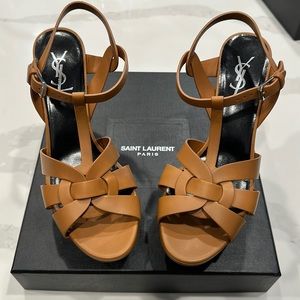 AUTHENTIC New Saint Laurent
Tribute leather platform sandals Caramel color Sz 40